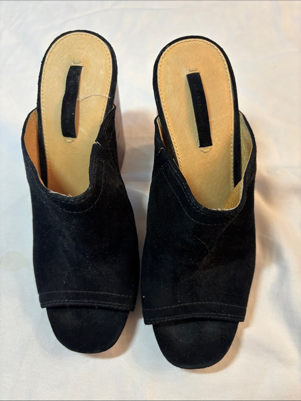 Frye Karissa Black Suede Open-Toe Mule Heels, size 7.